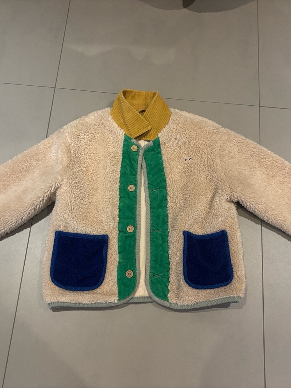Bobo Choses Cream Sherpa Jacket with Green Trim, Blue Pockets and Mustard collar